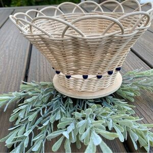 Handmade Flared Looped Natural Wicker Basket with Navy Bead Accents 8.5x8.5x6”